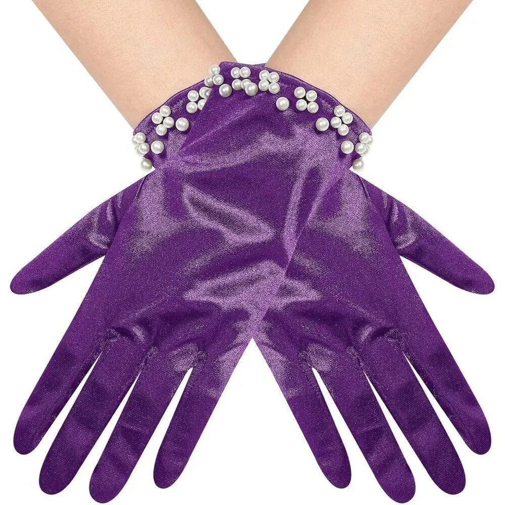 Women's Purple Satin Pearl Short Length Wrist Gloves Wedding Banquet Party Prom